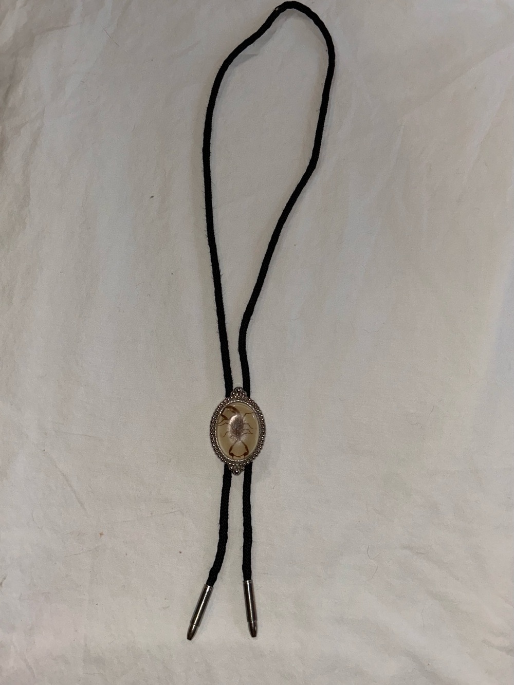 Vintage Black Rope Bolo Tie Real Scorpion Silver Tips Western